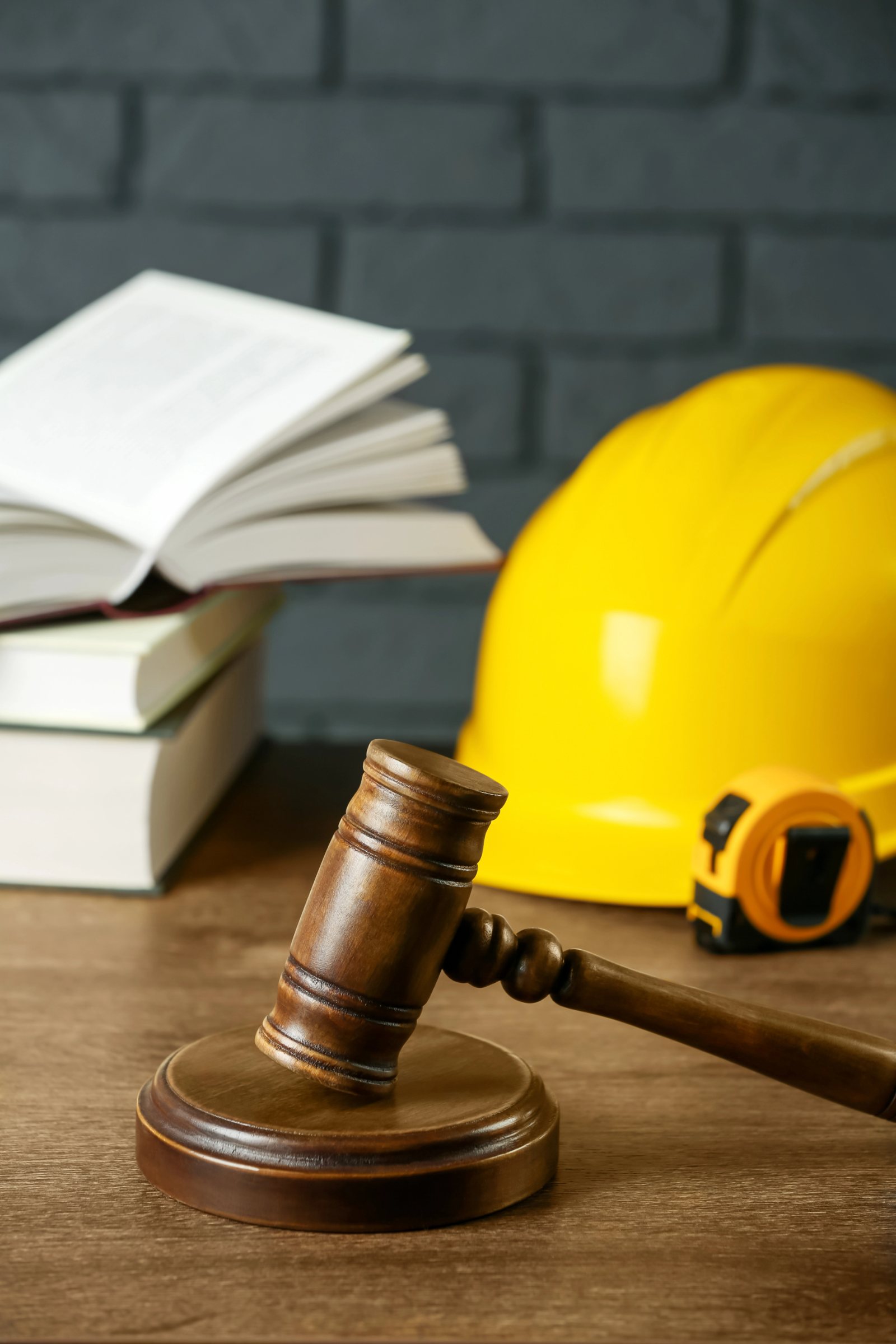 Maillet, ouvrages de référence et casque de chantier